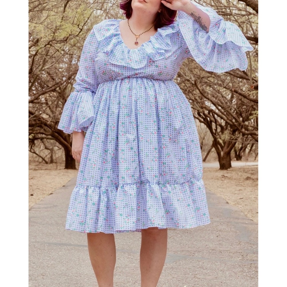 Loud Bodies Floral Gingham Ruffle Midi Dress - XXL Periwinkle Cottage Coquette